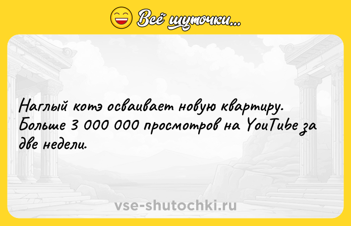 Цитата: Наглый котэ осваивает новую квартиру. Больше 3 000 000 просмотров на YouTube за две недели.