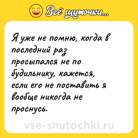 Шутка: Я уже не помню, когда в последний раз просыпался не по будильнику, кажется, если его не поставить я вообще никогда не проснусь.