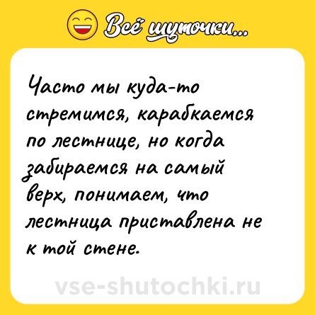 Шутка: Часто мы куда-то стремимся, карабкаемся по лестнице, но когда забираемся на самый верх, понимаем, что лестница приставлена не к той стене.