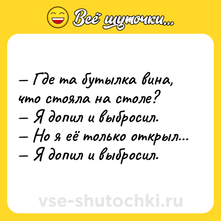 Шутка: — Где та бутылка вина, что стояла на столе?<br>— Я допил и выбросил.<br>— Но я её только открыл…<br>— Я допил и выбросил.