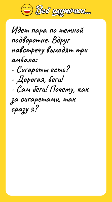 Идет пара по темной подворотне. Вдруг навстречу выходят три амбала:
