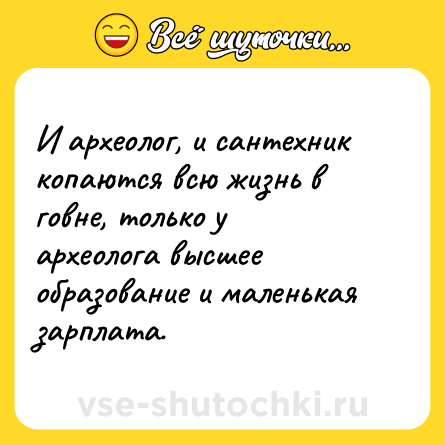 Шутка: И археолог, и сантехник копаются всю жизнь в говне, только у археолога высшее образование и маленькая зарплата.