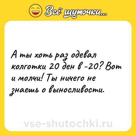 Шутка: А ты хоть раз одевал колготки 20 ден в -20? Вот и молчи! Ты ничего не знаешь о выносливости.