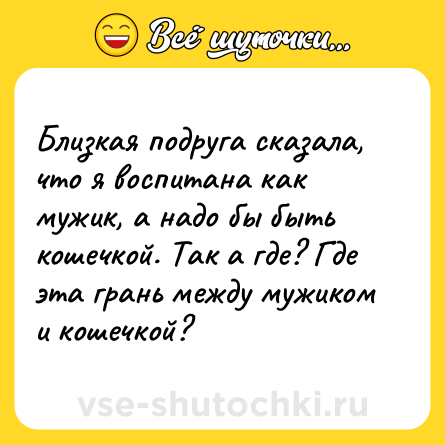 Шутка: Близкая подруга сказала, что я воспитана как мужик, а надо бы быть кошечкой. Так а где? Где эта грань между мужиком и кошечкой?