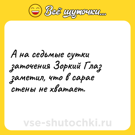 Шутка: А на седьмые сутки заточения Зоркий Глаз заметил, что в сарае стены не хватает.