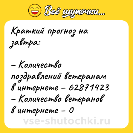 Шутка: Краткий прогноз на завтра:<br><br>– Количество поздравлений ветеранам в интернете – 62871423<br>– Количество ветеранов в интернете – 0