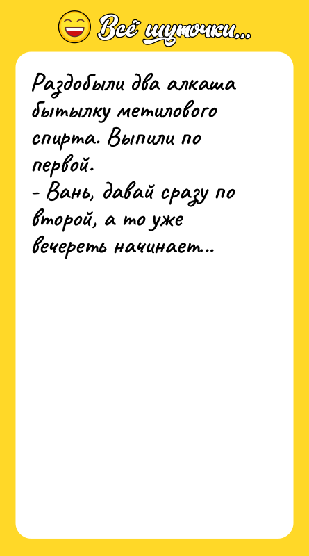 Раздобыли два алкаша бытылку метилового спирта. Выпили по первой. -