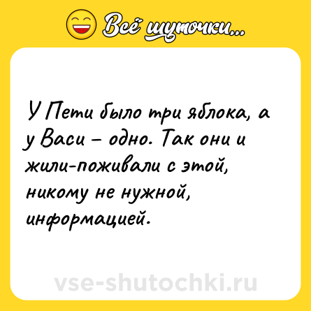 Шутка: У Пети было три яблока, а у Васи – одно. Так они и жили-поживали с этой, никому не нужной, информацией.