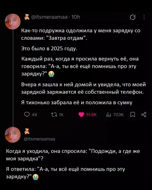 Месть — это блюдо, которое подают с зарядкой 🔋😈 - Как-то подружка одолжила у меня зарядку со словами: Завтра отдадим.