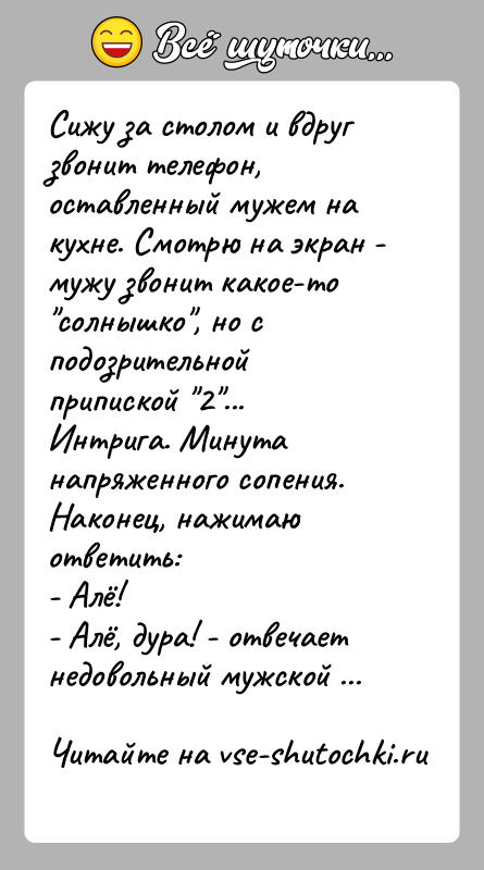 История: Сижу за столом и вдруг звонит телефон, оставленный мужем на кухне. Смотрю на экран - мужу звонит какое-то солнышко , но