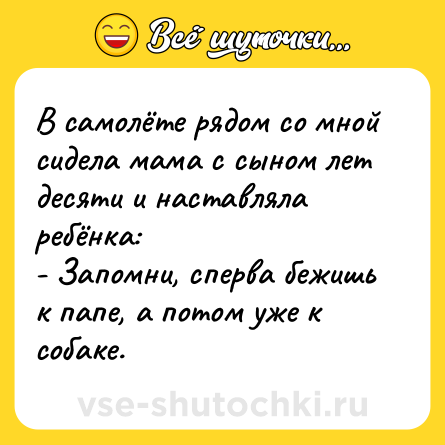 Шутка: В самолёте рядом со мной сидела мама с сыном лет десяти и наставляла ребёнка:<br>- Запомни, сперва бежишь к папе, а потом уже к собаке.