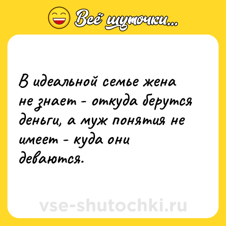 Шутка: В идеальной семье жена не знает - откуда берутся деньги, а муж понятия не имеет - куда они деваются.