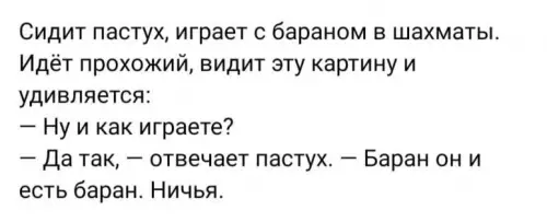 Шахматы против барана: уровень ничья 🐑♟️ - Сидит пастух, играет с бараном в шахматы. Идёт прохожий, видит
