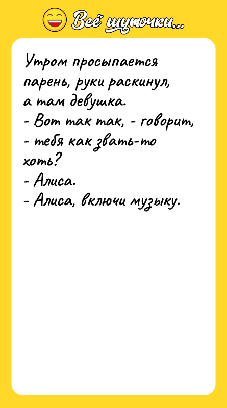 Утром просыпается парень, руки раскинул, а там девушка. - Вот