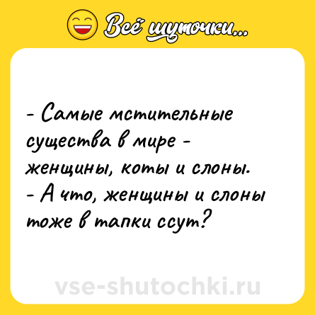 Шутка: - Самые мстительные существа в мире - женщины, коты и слоны.<br>- А что, женщины и слоны тоже в тапки ссут?