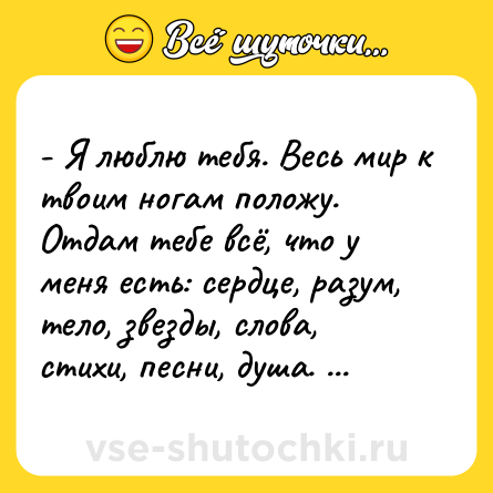 Шутка: - Я люблю тебя. Весь мир к твоим ногам положу. Отдам тебе всё, что у меня есть: сердце, разум, тело, звезды, слова, стихи, песни, душа. <br>- А