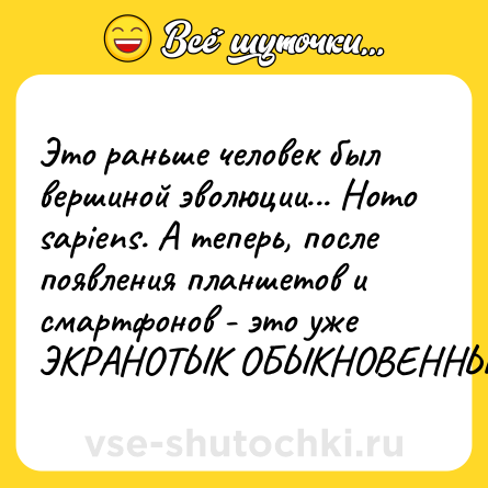 Шутка: Это раньше человек был вершиной эволюции... Homo sapiens. А теперь, после появления планшетов и смартфонов - это уже ЭКРАНОТЫК ОБЫКНОВЕННЫЙ.