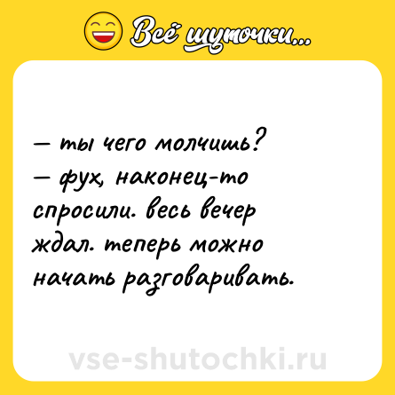 Шутка: — ты чего молчишь?  <br>— фух, наконец-то спросили. весь вечер ждал. теперь можно начать разговаривать.