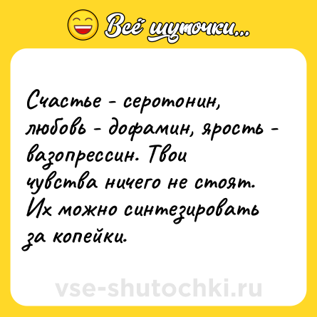 Шутка: Счастье - серотонин, любовь - дофамин, ярость - вазопрессин. Твои чувства ничего не стоят. Их можно синтезировать за копейки.
