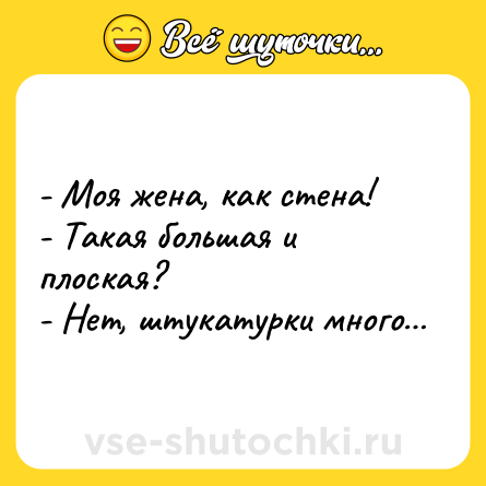 Шутка: - Моя жена, как стена!<br>- Такая большая и плоская?<br>- Нет, штукатурки много…