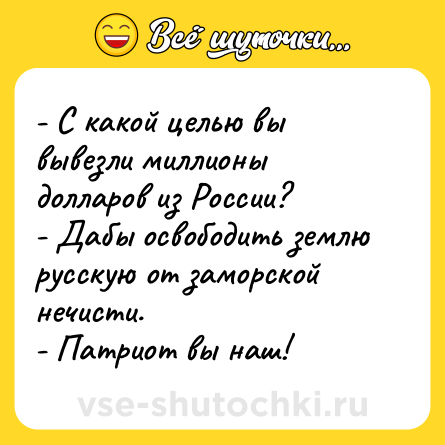 Шутка: - С какой целью вы вывезли миллионы долларов из России?<br>- Дабы освободить землю русскую от заморской нечисти.<br>- Патриот вы наш!