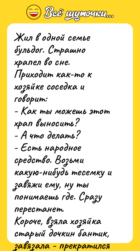 Жил в одной семье бульдог. Страшно храпел во сне. Приходит
