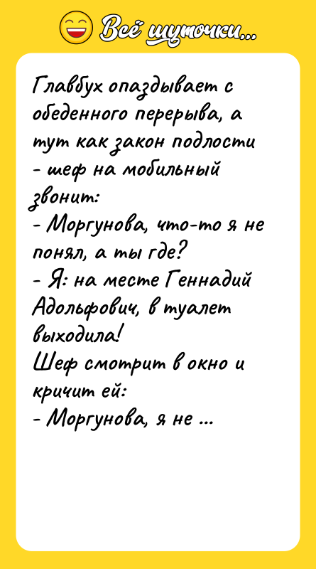 Шутка: Главбух опаздывает с обеденного перерыва, а тут как закон подлости - шеф на мобильный звонит:- Моргунова, что-то я не понял, а ты где?- Я: на месте Геннадий Адольфович, в туалет выходила!Шеф смотрит в окно и кричит ей:- Моргунова, я не понял, а что это ты из туалета в двух пакетах в офис тащишь?
