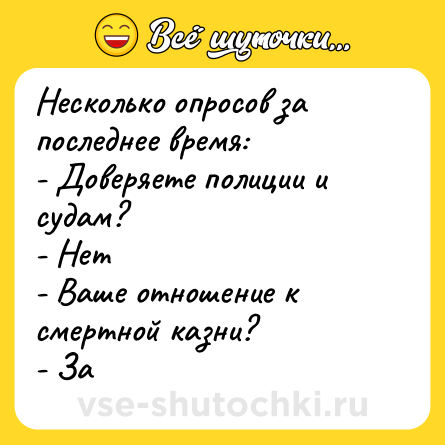Шутка: Несколько опросов за последнее время:<br>- Доверяете полиции и судам?<br>- Нет<br>- Ваше отношение к смертной казни?<br>- За