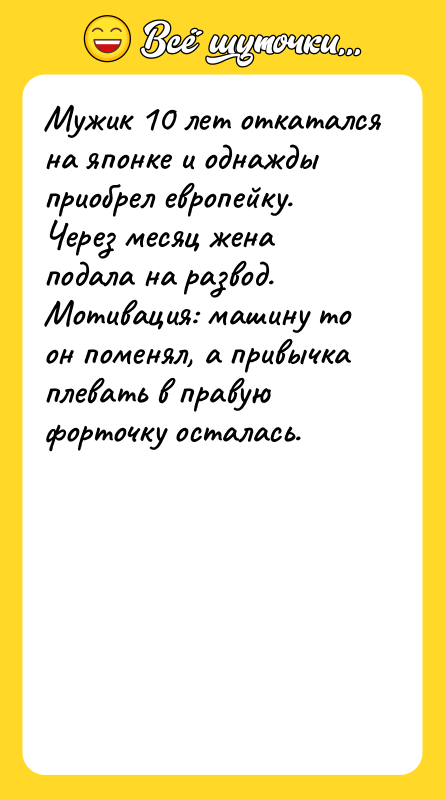 Мужик 10 лет откатался на японке и однажды приобрел европейку.