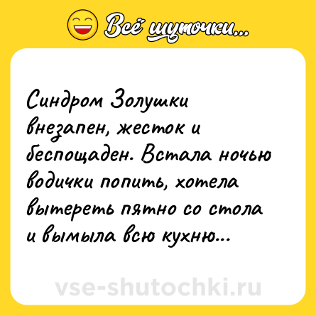 Шутка: Синдром Золушки внезапен, жесток и беспощаден. Встала ночью водички попить, хотела вытереть пятно со стола и вымыла всю кухню...