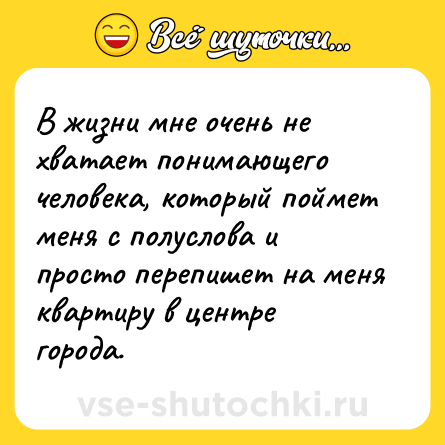 Шутка: В жизни мне очень не хватает понимающего человека, который поймет меня с полуслова и просто перепишет на меня квартиру в центре города.