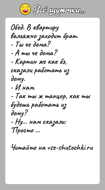 История: Обед. В квартиру вальяжно заходит брат.- Ты че дома?- А ты че дома?- Картин же как бэ, сказали работать из