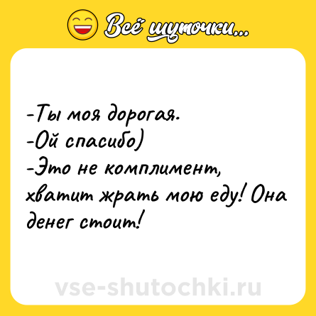 Шутка: -Ты моя дорогая. <br>-Ой спасибо) <br>-Это не комплимент,  хватит жрать мою еду! Она денег стоит!