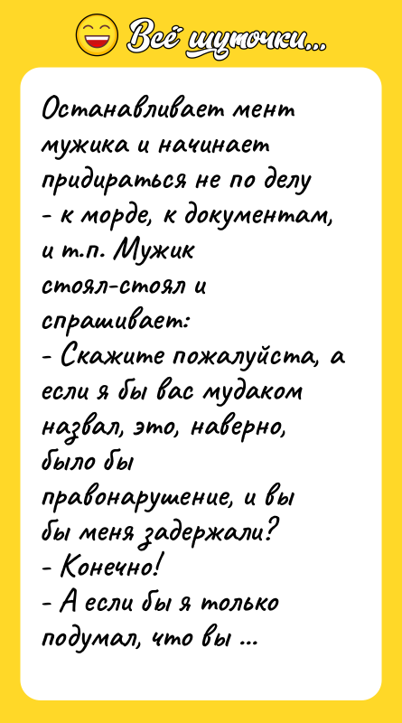 Останавливает мент мужика и начинает придираться не по делу -