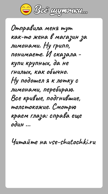 История: Отправила меня тут как-то жена в магазин за лимонами. Ну грипп,понимаете. И сказала - купи крупных, да не гнилых, как