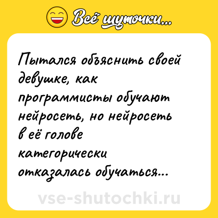 Шутка: Пытался объяснить своей девушке, как программисты обучают нейросеть, но нейросеть в её голове категорически отказалась обучаться...