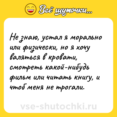 Шутка: Не знаю, устал я морально или физически, но я хочу валяться в кровати, смотреть какой-нибудь фильм или читать книгу, и чтоб меня не трогали.