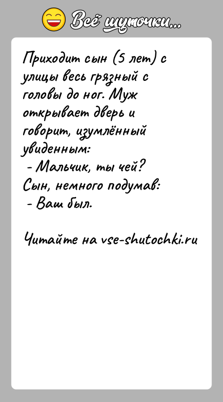 История: Приходит сын (5 лет) с улицы весь грязный с головы до ног. Муж открывает дверь и говорит, изумлённый увиденным: -