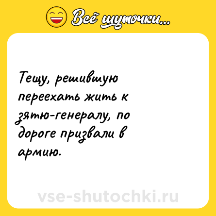 Шутка: Тещу, решившую переехать жить к зятю-генералу, по дороге призвали в армию.