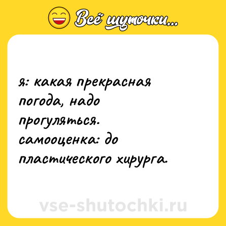 Шутка: я: какая прекрасная погода, надо прогуляться. <br>самооценка: до пластического хирурга.