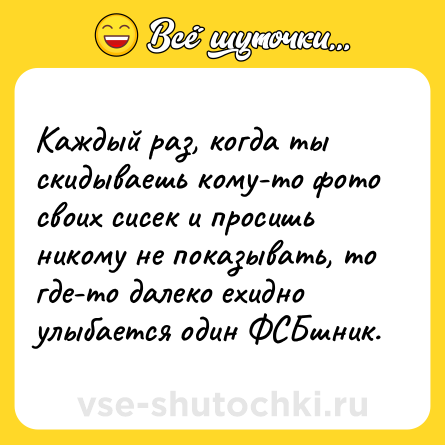 Шутка: Каждый раз, когда ты скидываешь кому-то фото своих сисек и просишь никому не показывать, то где-то далеко ехидно улыбается один ФСБшник.