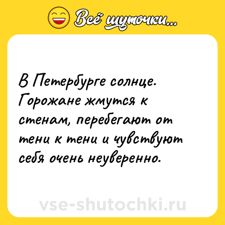 Шутка: В Петербурге солнце. Горожане жмутся к стенам, перебегают от тени к тени и чувствуют себя очень неуверенно.
