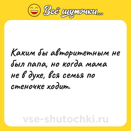 Шутка: Каким бы авторитетным не был папа, но когда мама не в духе, вся семья по стеночке ходит.