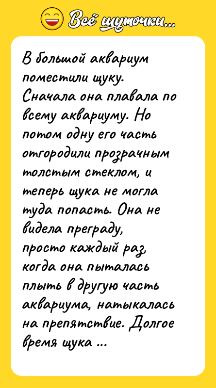 В большой аквариум поместили щуку. Сначала она плавала по всему