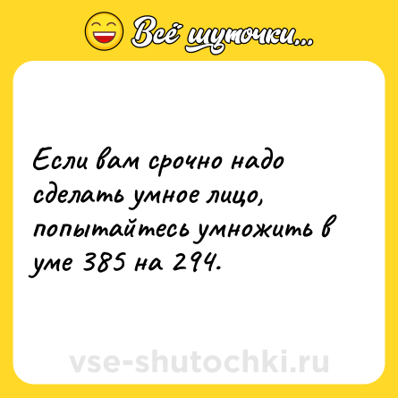 Шутка: Если вам срочно надо сделать умное лицо, попытайтесь умножить в уме 385 на 294.