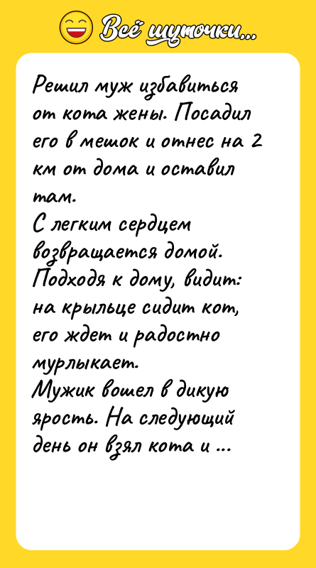 Решил муж избавиться от кота жены. Посадил его в мешок