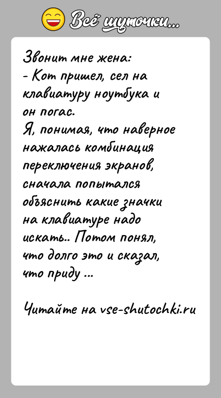 История: Звонит мне жена:- Кот пришел, сел на клавиатуру ноутбука и он погас.Я, понимая, что наверное нажалась комбинация переключения экранов, сначала