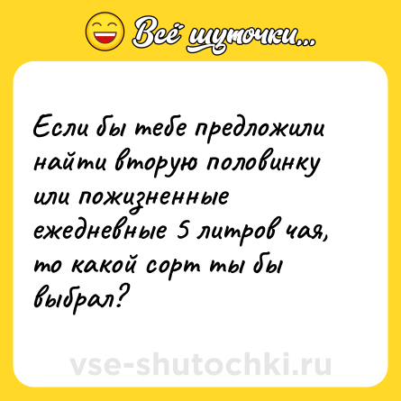 Шутка: Если бы тебе предложили найти вторую половинку или пожизненные ежедневные 5 литров чая, то какой сорт ты бы выбрал?
