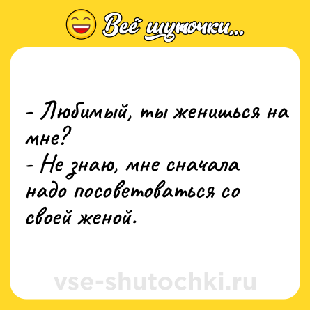 Шутка: - Любимый, ты женишься на мне?<br>- Не знаю, мне сначала надо посоветоваться со своей женой.