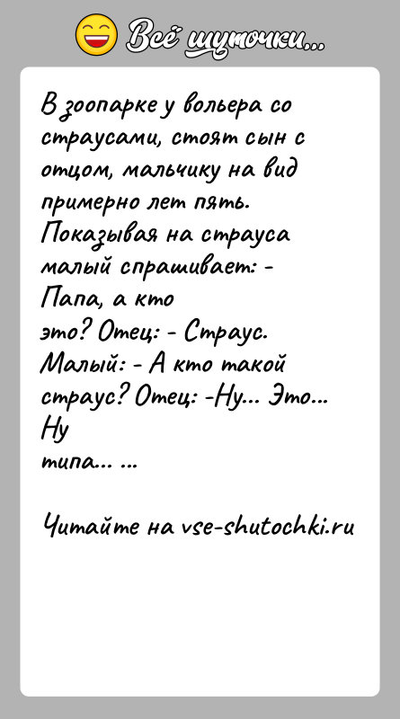 История: В зоопарке у вольера со страусами, стоят сын с отцом, мальчику на видпримерно лет пять. Показывая на страуса малый спрашивает: